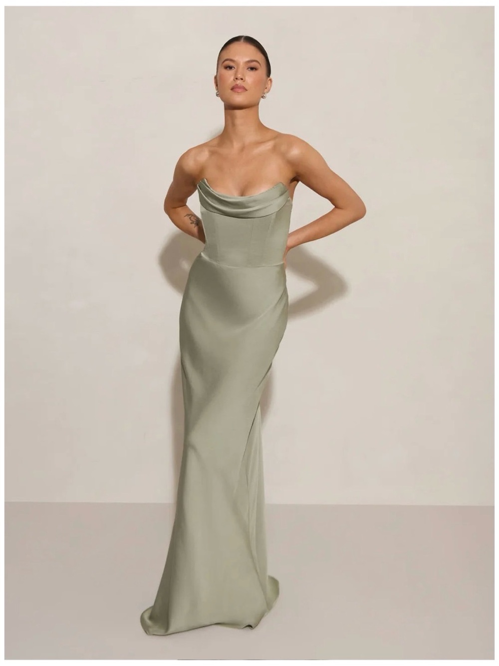 Park & Fifth Paloma Dress in True Sage Satin XS Strapless Evening Gown